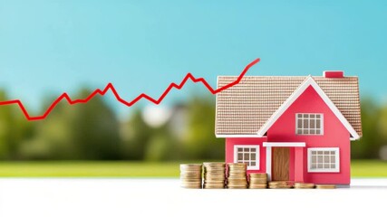 Poster - Small pink house model with stacks of coins and a rising graph indicating growth in real estate market investment