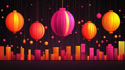 Poster - Colorful cityscape with many buildings and a few lanterns hanging from the ceiling. The lanterns are of different sizes and colors, and they are suspended from the ceiling
