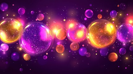 Aufkleber - Colorful line of bubbles with a purple background. The bubbles are in various colors and sizes, and they are scattered throughout the image. Scene is playful and whimsical
