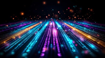 Fototapete - Colorful line of numbers and letters that are glowing in the dark. Concept of technology and futuristic energy