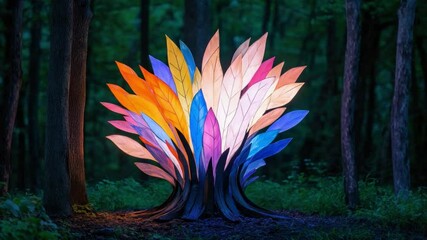 Poster - Vibrant Colorful Tree Sculpture Illuminated in Forest at Night with Bright Leaves of Various Shades