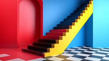 Poster - Colorful staircase with black and yellow steps. The staircase is in a room with a blue wall
