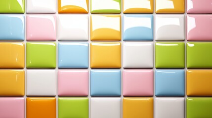 Poster - Colorful tile wall with a rainbow of colors. The tiles are arranged in a grid pattern. The colors are bright and cheerful, creating a lively and energetic atmosphere