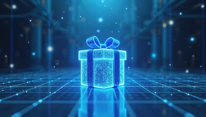 Poster - 3d glowing gift box with digital effects. blue futuristic setting, modern tech concept for presents.