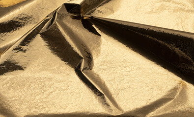 Fototapete - Golden foil with reflective, shiny texture creates a dramatic, angular design. Shimmering folds and high contrast metallic surface perfect for chic wrapping, opulent decor, and glamorous abstract art.