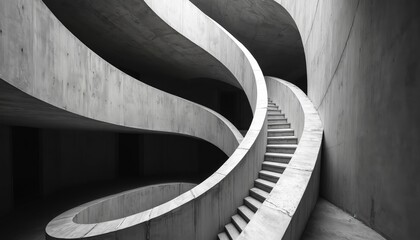 Poster - Abstract black white architectural art featuring spiral staircase. Modern minimalistic concrete building construction, curved lines. Architectural design, empty space, urban aesthetic, creative art