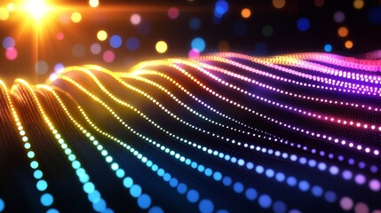 Poster - Colorful, glowing line of dots that appear to be moving. The dots are in various colors and are arranged in a way that creates a sense of motion and energy