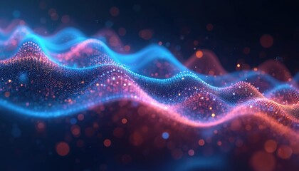 Poster - abstract neon waveform visualization with blue and red glowing particles. modern digital design, fut