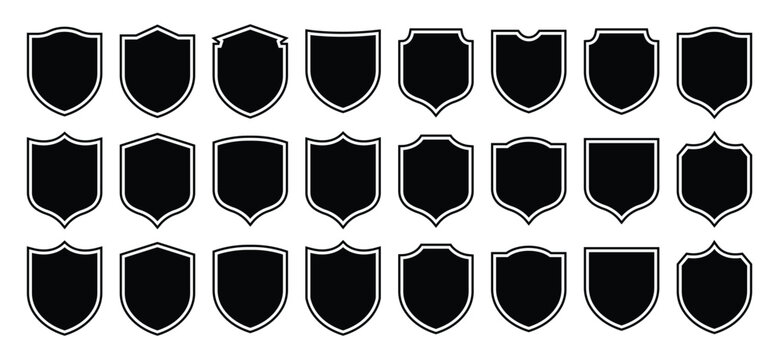 Black shield icons in different shapes isolated on a white background. Protect shield security icon set