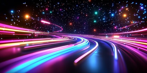 Poster - Colorful, neon light display of a road with a car in the middle. The car is surrounded by a bright, colorful trail of light