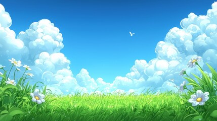 Poster - Field of grass with a few white flowers and a bird flying in the sky. The sky is mostly cloudy, but the sun is shining through the clouds, creating a peaceful and serene atmosphere