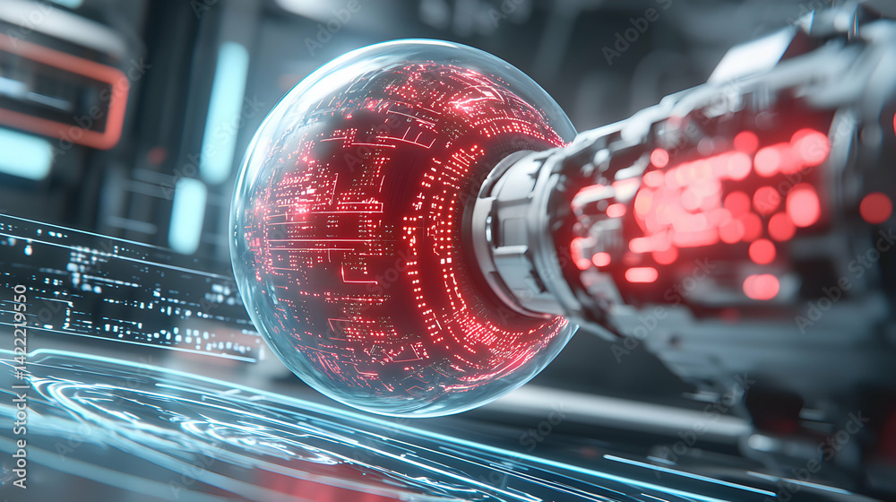 Futuristic digital sphere glows with circuit patterns. Suggests ...