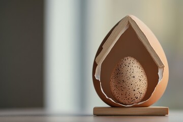 Poster - A decorative eggshell sculpture holding a smaller egg on a wooden base with a blurred background scene