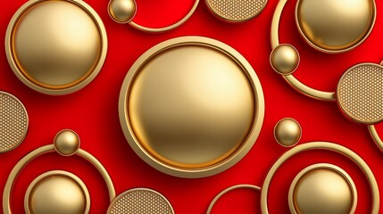 Poster - Gold colored circle is surrounded by other gold circles on a red background. The circles are arranged in a way that creates a sense of depth and dimension