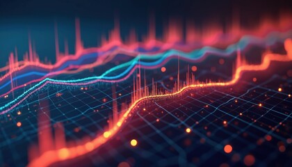 Poster - Digital screen displays line graph with upward moving colored lines on dark grid background. Glowing data points, business tech, finance, futuristic tech concept. Economic growth, trading analysis,