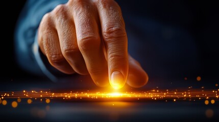 Aufkleber - Hand is pointing at a glowing yellow spot on a dark background. Concept of curiosity and wonder as the hand reaches out to explore the glowing object