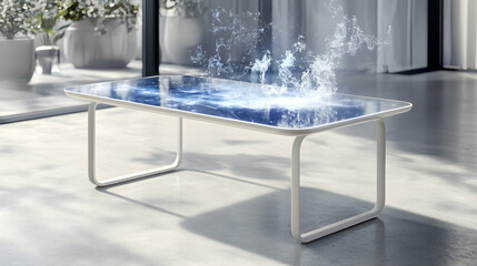 A futuristic coffee table with a glowing display and ethereal effect. Could be used as an interactive surface for entertainment or information.