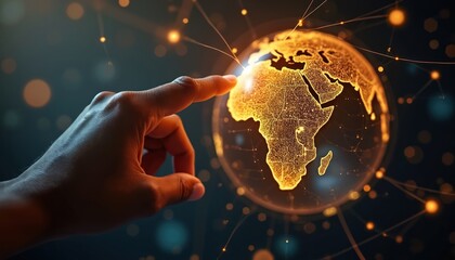 Leinwandbilder - Digital rendering of hand touching illuminated Africa on globe. Tech concept global digital network, innovation. Futuristic business. Modern Africa, technology future. Connection, communication,