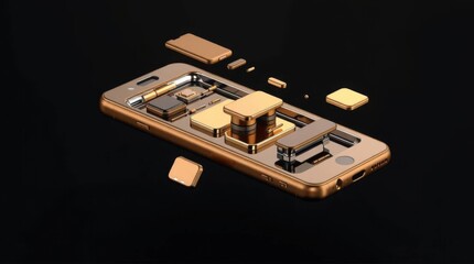 Poster - Exploded view of golden smartphone parts revealing its intricate design