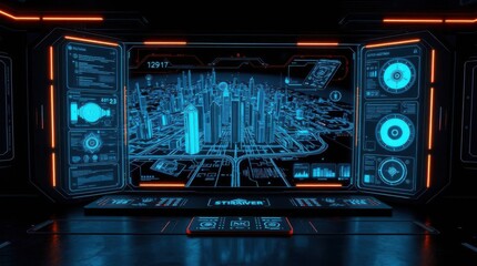 Aufkleber - Futuristic city control panel interface screen with digital cityscape view