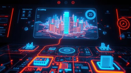 Poster - Futuristic city control panel interface with neon lights and cityscape view
