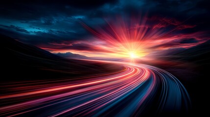 Fototapete - Long road with a bright sun in the sky. The sun is shining on the road and creating a beautiful, colorful effect. Scene is peaceful and serene, as the sun sets