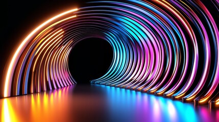 Leinwandbilder - Long, colorful tunnel with neon lights. The tunnel is dark and the lights are bright and colorful