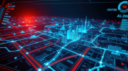 Poster - Futuristic city map with glowing network and data analysis display
