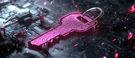 A digital key glows on a motherboard. This image can represent secure access cyber security and data protection. It suits tech articles and presentations.