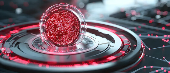 Futuristic digital coin with circuit board design set on a mechanical platform. Excellent for technology marketing crypto promotions or data visualizations.