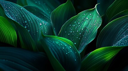Poster - Lush green plant with droplets of water on its leaves. The droplets are small and scattered, giving the plant a fresh and vibrant appearance. Scene is one of tranquility and natural beauty