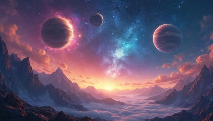 Illustration shows fantasy scenic view of planets in space, galaxy, night sky. Digital art featuring nebula, stars, cosmos, science fiction landscape with mountains, clouds, colorful sunset.