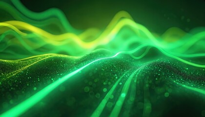 Leinwandbilder - Abstract illustration. Neon green colors waves background. Glowing lines and particles flow. Tech design, digital art. Energy, data stream. Digital landscape design, futuristic, science.