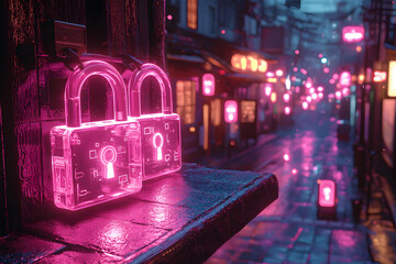 Cyberpunk locks shine brightly illuminating the futuristic city. Use this for security software themes or website backgrounds promoting digital protection
