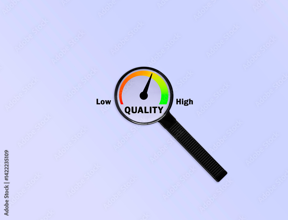 Magnifier on a quality gauge. Quality Control (QC) via a Quality ...