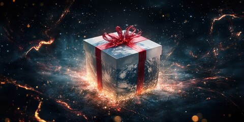 Poster - Gift box containing Earth in cosmic space with glowing effects and red ribbon