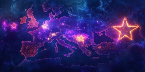 Poster - Colorful digital map of Europe with glowing stars and cosmic background