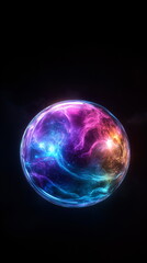 Wall Mural - Bright colorful nebula inside a clear sphere on a black background representing the cosmos. Abstract glowing orb showing space and galaxy. Mysterious futuristic space travel concept wallpaper.
