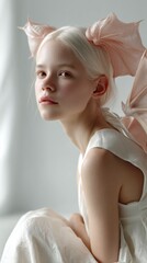 Poster - A young model with pale hair and a gentle expression poses gracefully, adorned in soft fabric and large bows. The ambient light enhances the dreamy atmosphere of the studio
