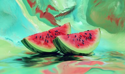 Poster - Vibrant watermelon slices on colorful abstract background with reflections