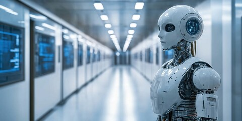 Poster - Futuristic humanoid robot in high-tech corridor with digital displays