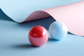 Poster - Two balls, one red and one blue, are placed on a blue background. The red ball is slightly larger than the blue one. Concept of balance and harmony, as the two different colors complement each other