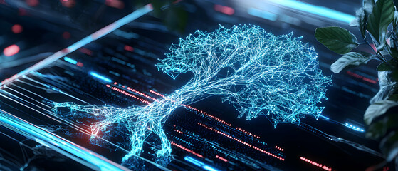 Digital tree illustration representing connection technology and nature's synergy. Suitable for tech science ecology or data visualization purposes. It symbolizes complex network structures