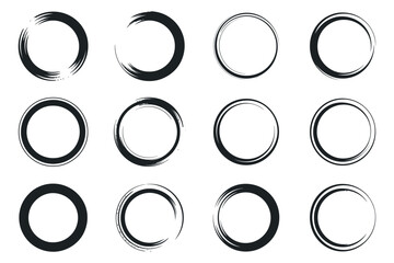 Poster - Collection Of Twelve Black Circle Brush Stroke Elements On White Background For Graphic Design Projects