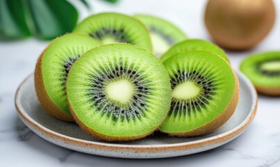 Poster - Freshly sliced kiwi fruit on a plate showcasing vibrant green flesh and seeds