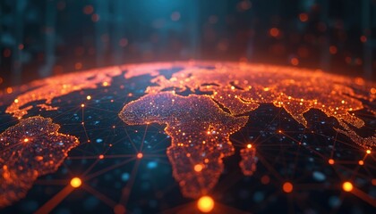 Leinwandbilder - Tech earth globalization networking illustration. Orange line lights transmit data. Transfer speed data internet. Digital data zoom out camera. Global network, data transfer, internet.