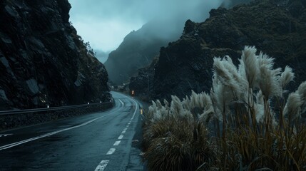 Poster - Road with a lot of weeds and a few cars on it. The road is wet and the sky is cloudy