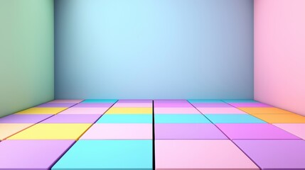 Poster - Room with a blue wall and a pink floor. The floor is made up of colorful blocks