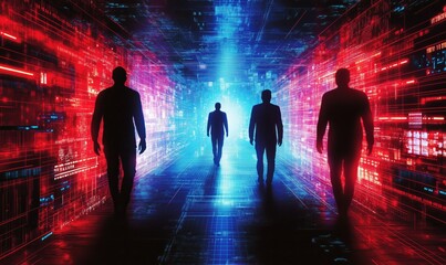 Poster - Silhouetted figures walking through a digital corridor of red and blue light