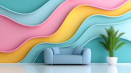 Fototapete - Playful Pastel Wallpaper Design Soft Pink Blue Yellow Waves